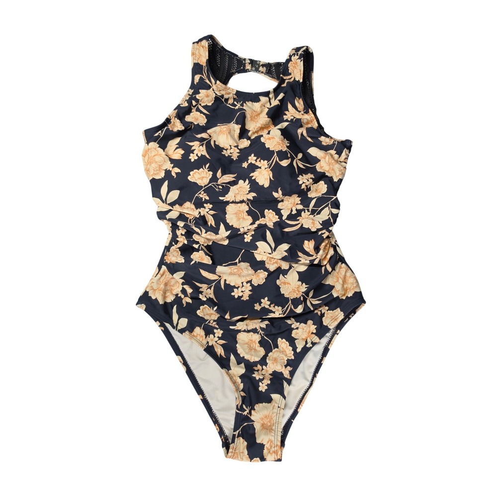 Cupshe Women Floral High Neck Ruched One Piece Swimsuit Black Peach Small NWT